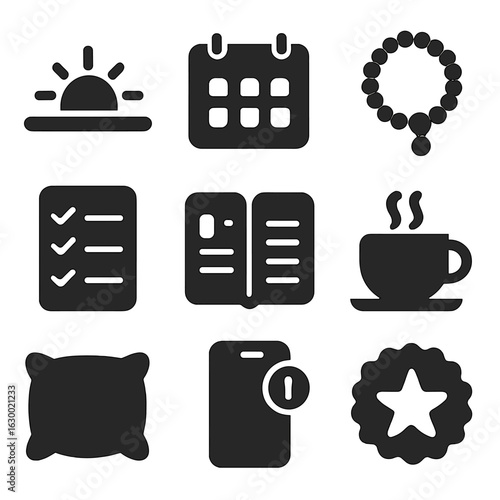 Daily Routine Icons. Solid, filled icons set of Daily intention setting routine: sunrise, calendar, meditation