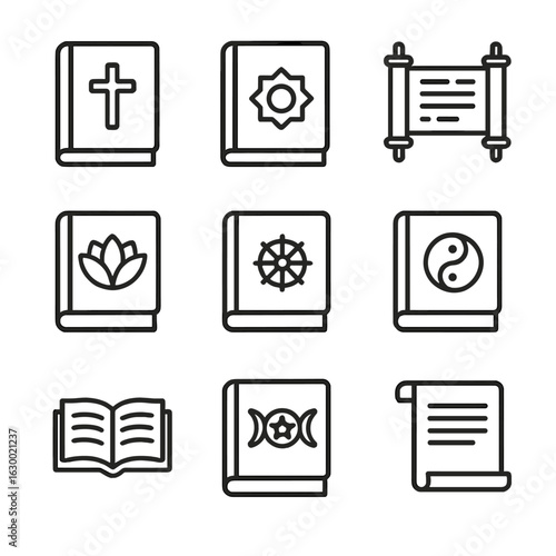 Sacred Text Icons. Outline icon set of holy books: Bible, Quran, Torah, Vedas, Tripitaka, Tao Te Ching, Guru Granth Sahib, Book of