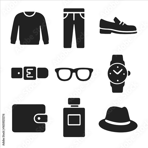 Daily Wear Icons. Solid, filled icons set of Daily clothing layout: sweater, trousers, loafers, belt, glasses,