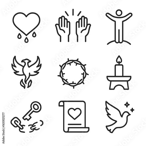 Sacrifice and Redemption Icons. Outline icon set of sacrifice and redemption: bleeding heart, glowing hands, risen figure, phoenix