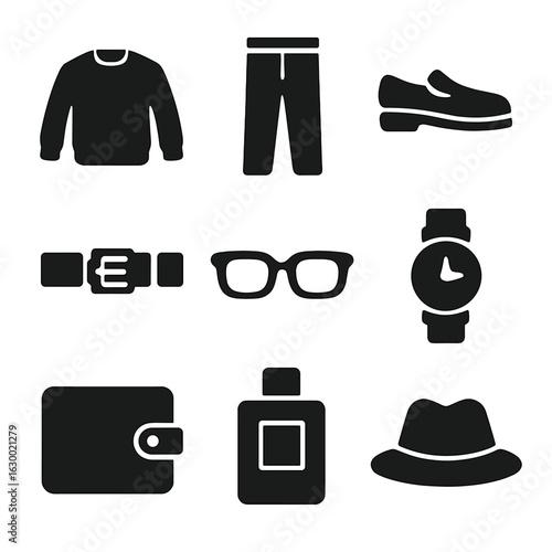 Daily Wear Icons. Solid, filled icons set of Daily clothing layout: sweater, trousers, loafers, belt, glasses,