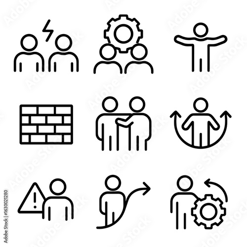 Community Challenges Icon Set. Outline icon set of community challenges: conflict, problem solving, mediation, barrier, support,