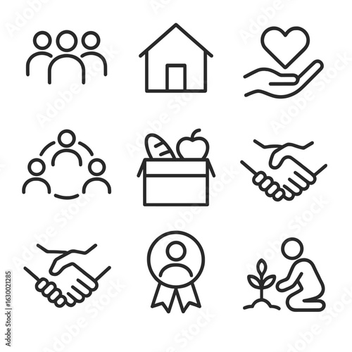Community Kindness Icons. Outline icon set of kindness in community: group of people, house, helping hand with heart, community