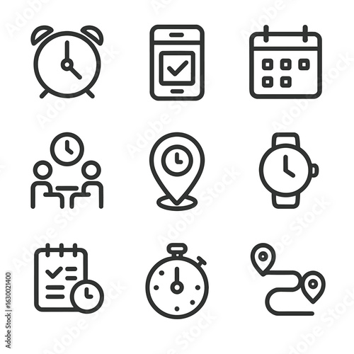 Commuter Time Management Icons. Outline icon set of commuter time management: alarm clock, schedule app, calendar, meeting time,