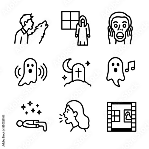 Howl Icon Collection. Outline icon set of howl in films: werewolf transformation, horror scene, dark movie, thriller scream,