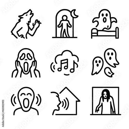 Howl Icon Collection. Outline icon set of howl in films: werewolf transformation, horror scene, dark movie, thriller scream,