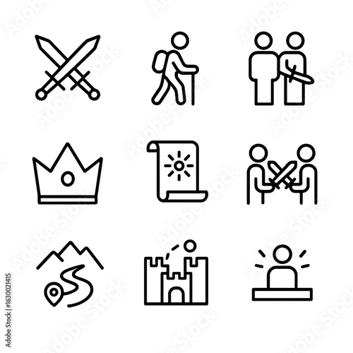 Saga Icon Set. Outline icon set of saga events: battle, quest, betrayal, coronation, prophecy, duel, journey, siege, resurrection.