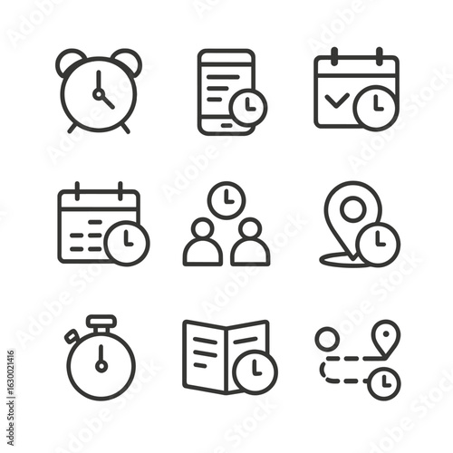 Commuter Time Management Icons. Outline icon set of commuter time management: alarm clock, schedule app, calendar, meeting time,
