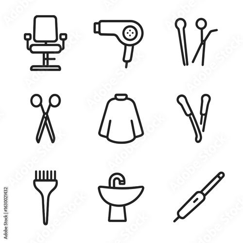 Salon and Time Icons. Outline icon set of hair salon tools: styling chair, blow dryer, hairbrush, scissors, cape, hair clips, tint