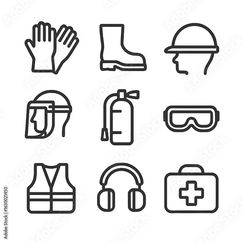 Safety Gear Icons. Outline icon set of shock protection gear: rubber gloves, insulated boots, safety helmet, face shield, fire