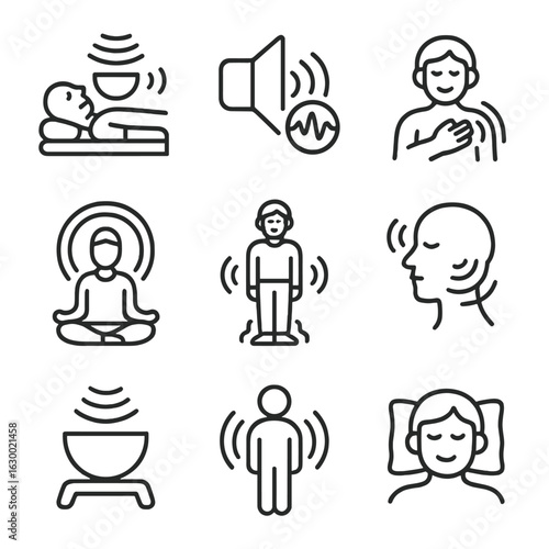 Hum Therapy Icons. Outline icon set of hum in health: relaxing sound therapy, low-frequency hum, stress relief, grounding hum,