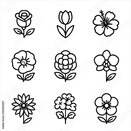 Scarlet Flower Icons. Outline icon set of scarlet flowers and plants: scarlet rose, scarlet tulip, scarlet hibiscus, scarlet poppy