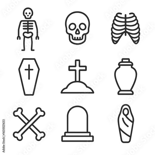 Human Remains Icons. Outline icon set of human remains: skeleton, skull, ribcage, coffin, grave marker, burial urn, bones,