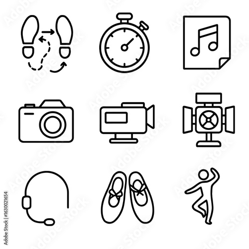 Dance Choreography Icons. Outline icon set of dance choreography capture: dancer steps, stopwatch, music sheet