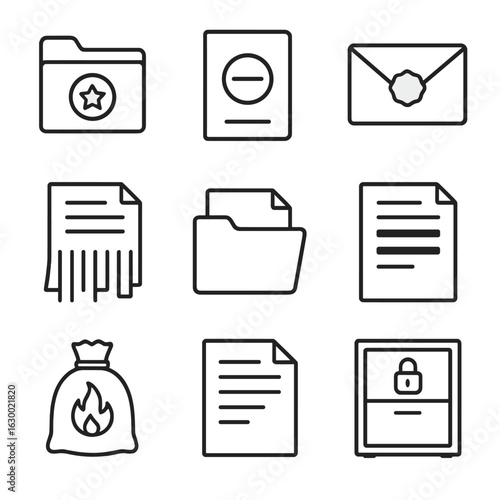 Confidential Document Icons. Outline icon set of confidential documents: top-secret file, classified stamp, sealed envelope,