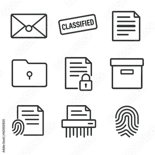 Confidential Icons Grid. Outline icon set of confidential documents: sealed envelope, classified stamp, redacted text page, secure