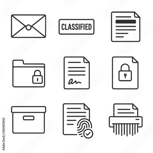 Confidential Icons Grid. Outline icon set of confidential documents: sealed envelope, classified stamp, redacted text page, secure