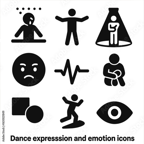 Dance Iconography Grid. Solid, filled icons set of dance expression and emotion: tear on stage, open arms,