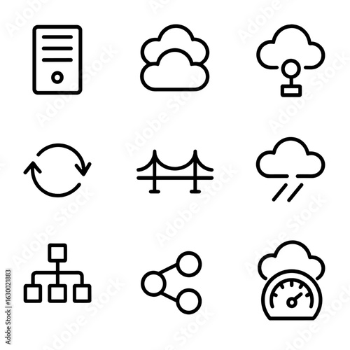 Hybrid Cloud Icon Set. Outline icon set of hybrid cloud: on-premise server icon, multi-cloud symbol, edge computing node, data