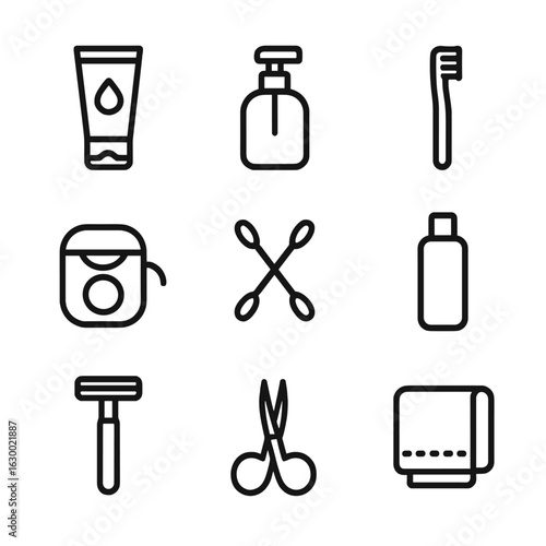 Hygiene Icon Set. Outline icon set of personal hygiene items: hand cream, soap dispenser, toothbrush, floss container, cotton