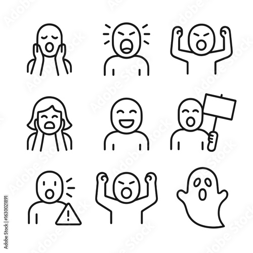 Scream Icon Set. Outline icon set of scream types: silent scream, bloodcurdling, primal, hysterical, joyful, protest, warning,