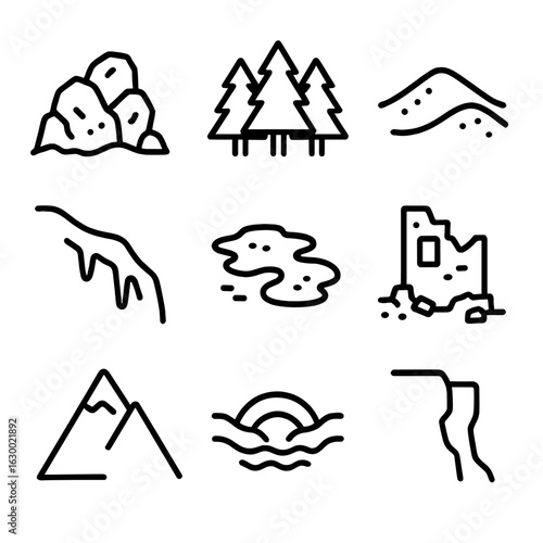 Scramble Terrain Icons. Outline icon set of scramble terrain: rocky hill, dense forest, sandy dune, icy slope, muddy trail, urban