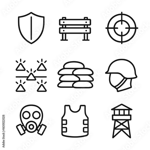 Conflict Zone Icons. Outline icon set of conflict zone defense: shield, barricade, sniper scope, minefield, sandbags, helmet, gas