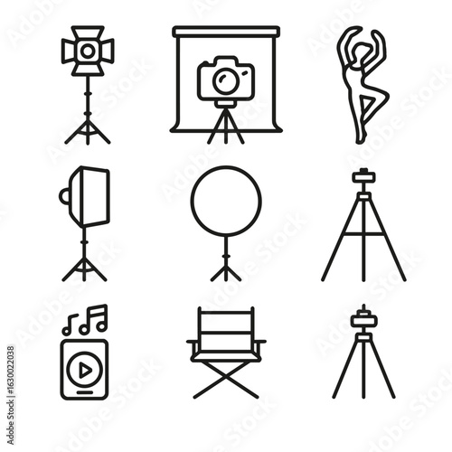 Dance Studio Icons. Outline icon set of studio dance shoot setup: lighting stands, camera, backdrop, dancer
