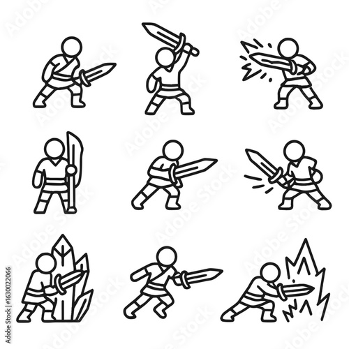 Ice Blade Icons. Outline icon set of ice blade poses: warrior stance, blade raised, icy slash, defensive guard, thrust attack,