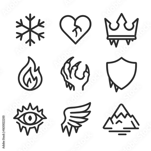 Ice Dragon Icon Set. Outline icon set of ice dragon symbolism: snowflake emblem, frozen heart, icy crown, crystal flame, chilling