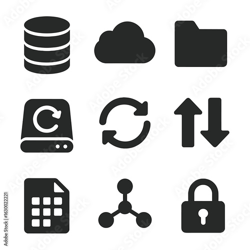 Data Management Icons. Solid, filled icons set of data management: database icon, cloud storage, file folder,