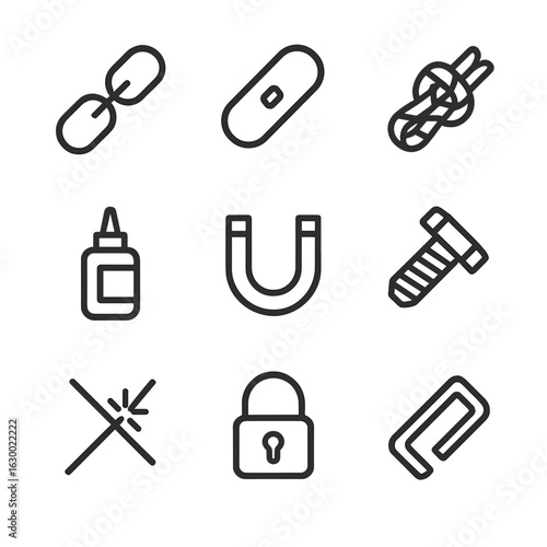 Connection Icon Set. Outline icon set of physical bonds and connections: chain, link, rope knot, glue bottle, magnet, bolt, weld,