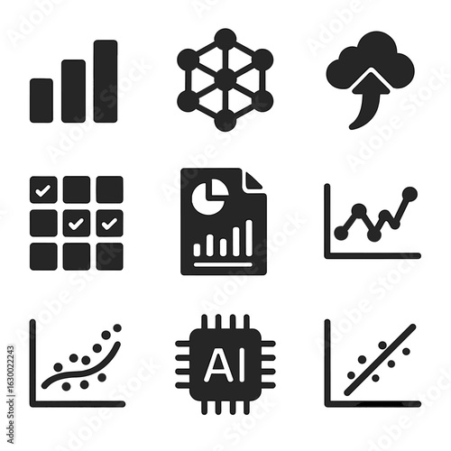 Data Prediction Icons Set. Solid, filled icons set of data prediction tools: bar chart, neural network,