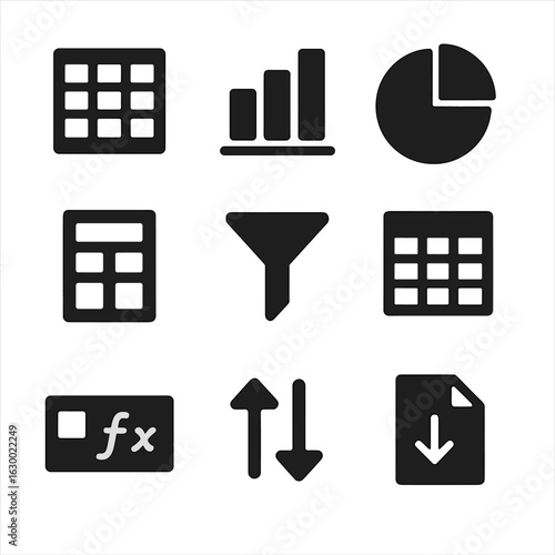 Data Analysis Icons. Solid, filled icons set of working with spreadsheets or data analysis: spreadsheet grid,