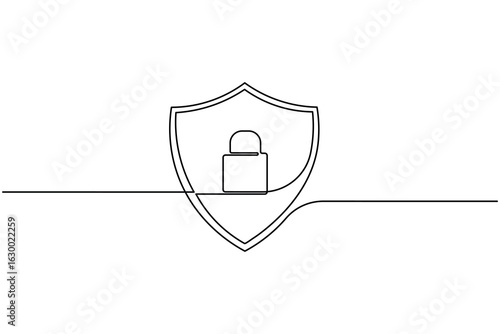 Continuous one line drawing of security shield with a padlock. Symbol for protection, privacy, and cybersecurity