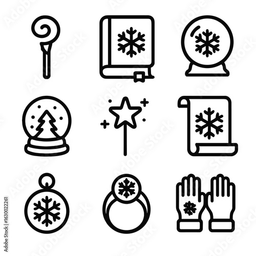Ice Magic Tools Icons. Outline icon set of ice spell tools: magic staff, enchanted book, crystal orb, snow globe, ice wand, frozen