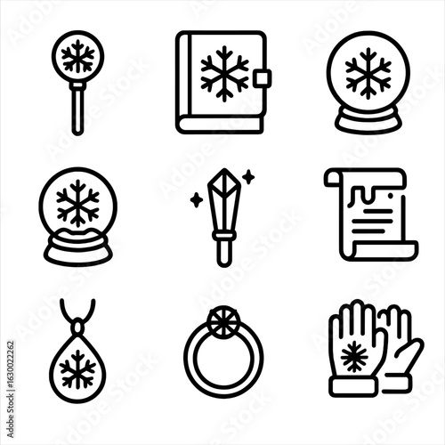 Ice Magic Tools Icons. Outline icon set of ice spell tools: magic staff, enchanted book, crystal orb, snow globe, ice wand, frozen