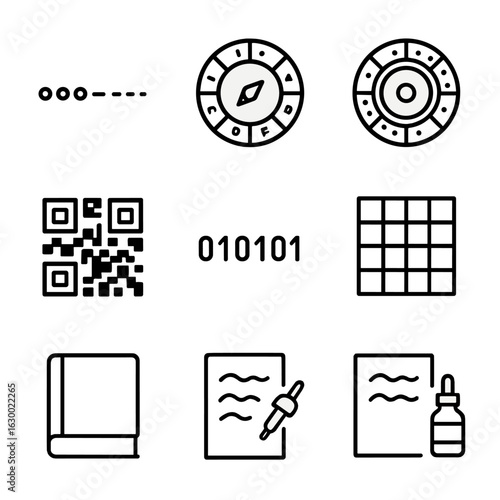 Secret Code Icons. Outline icon set of secret codes: Morse dots, Caesar wheel, cipher disk, Enigma rotor, QR cipher, binary string