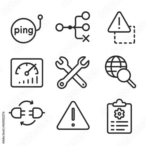 Connectivity Icon Set. Outline icon set of connectivity troubleshooting: ping icon, traceroute path, packet loss alert, signal