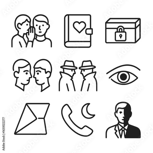 Secrets Icon Set. Outline icon set of relationships and secrets: whisper icon, private diary, locked box, shared glance, secret