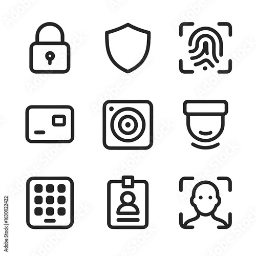Security Icons Grid. Outline icon set of alarm security: padlock, shield, fingerprint scanner, keycard, camera lens, motion