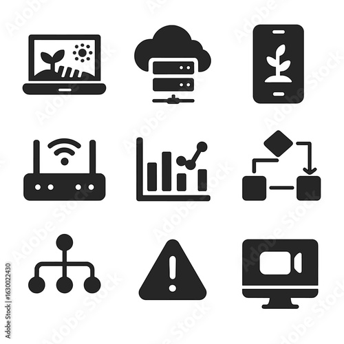 Data-Driven Farming Icons. Solid, filled icons set of data-driven farming: laptop with farm dashboard, cloud