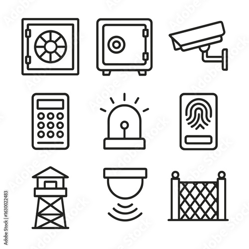Security Icon Set. Outline icon set of treasure vault and storage: vault door, safe, security camera, keypad lock, alarm system,