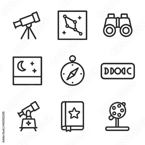Constellation Tools Icons. Outline icon set of constellation observation tools: telescope, star chart, binoculars, night sky,