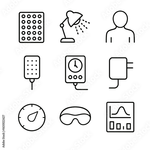 Outline Icon Sets. Outline icon set of red light therapy: LED panel, infrared lamp, patient silhouette, treatment pad, timer