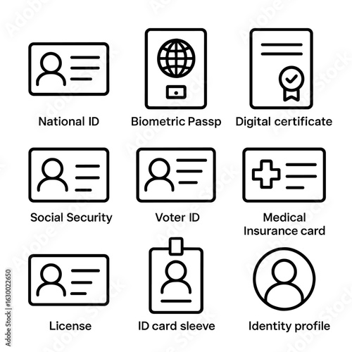 Identity Icons Grid. Outline icon set of personal identity tokens: national ID, biometric passport, digital certificate, social