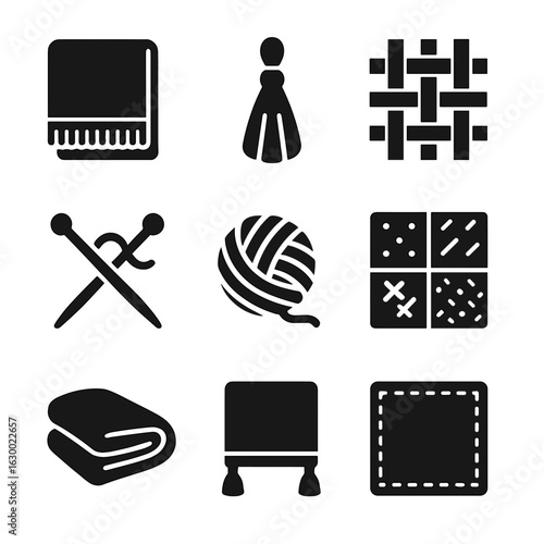 Decorative Blanket Icons. Solid, filled icons set of decorative blanket features: fringed edge, tassel detail,