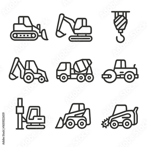 Construction Machinery Icons. Outline icon set of construction machinery: bulldozer, excavator, crane hook, backhoe, cement truck,
