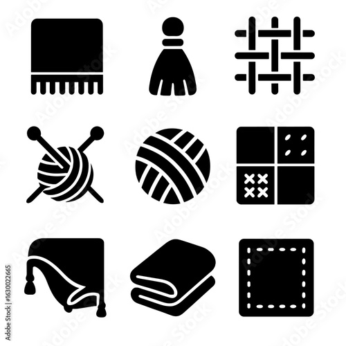 Decorative Blanket Icons. Solid, filled icons set of decorative blanket features: fringed edge, tassel detail,