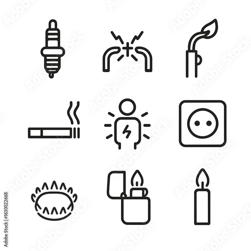 Ignition Source Icons. Outline icon set of ignition sources: spark plug, electric arc, welding torch, cigarette, static
